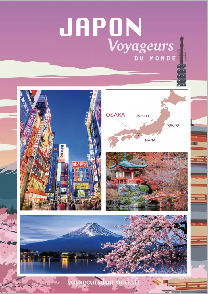 Affiche publicitaire du Japon pour "Voyageurs du Monde" avec plusieurs photos de la culture du pays.