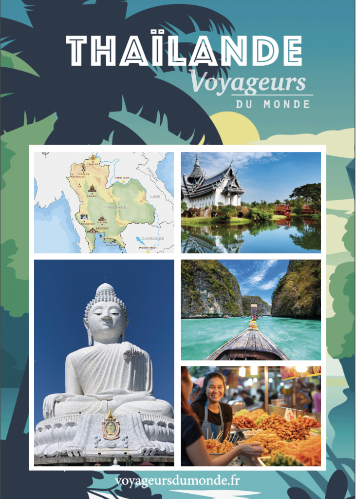 Affiche publicitaire de la Thaïlande pour "Voyageurs du Monde" avec plusieurs photos de la culture du pays.